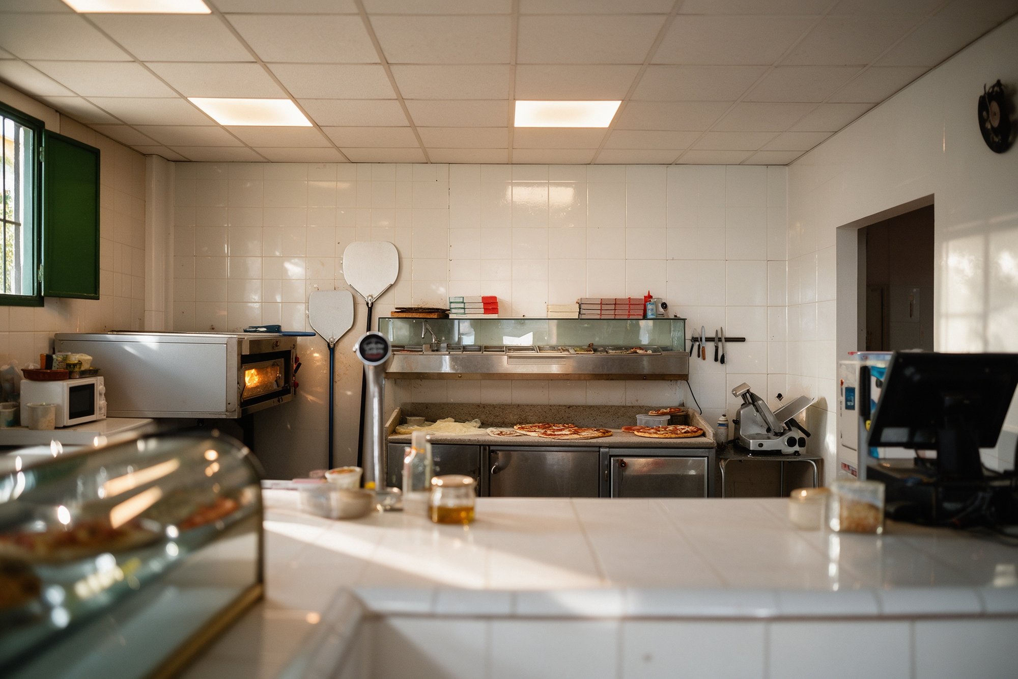 Interior de la pizzería con mostrador, cocina abierta y vitrina