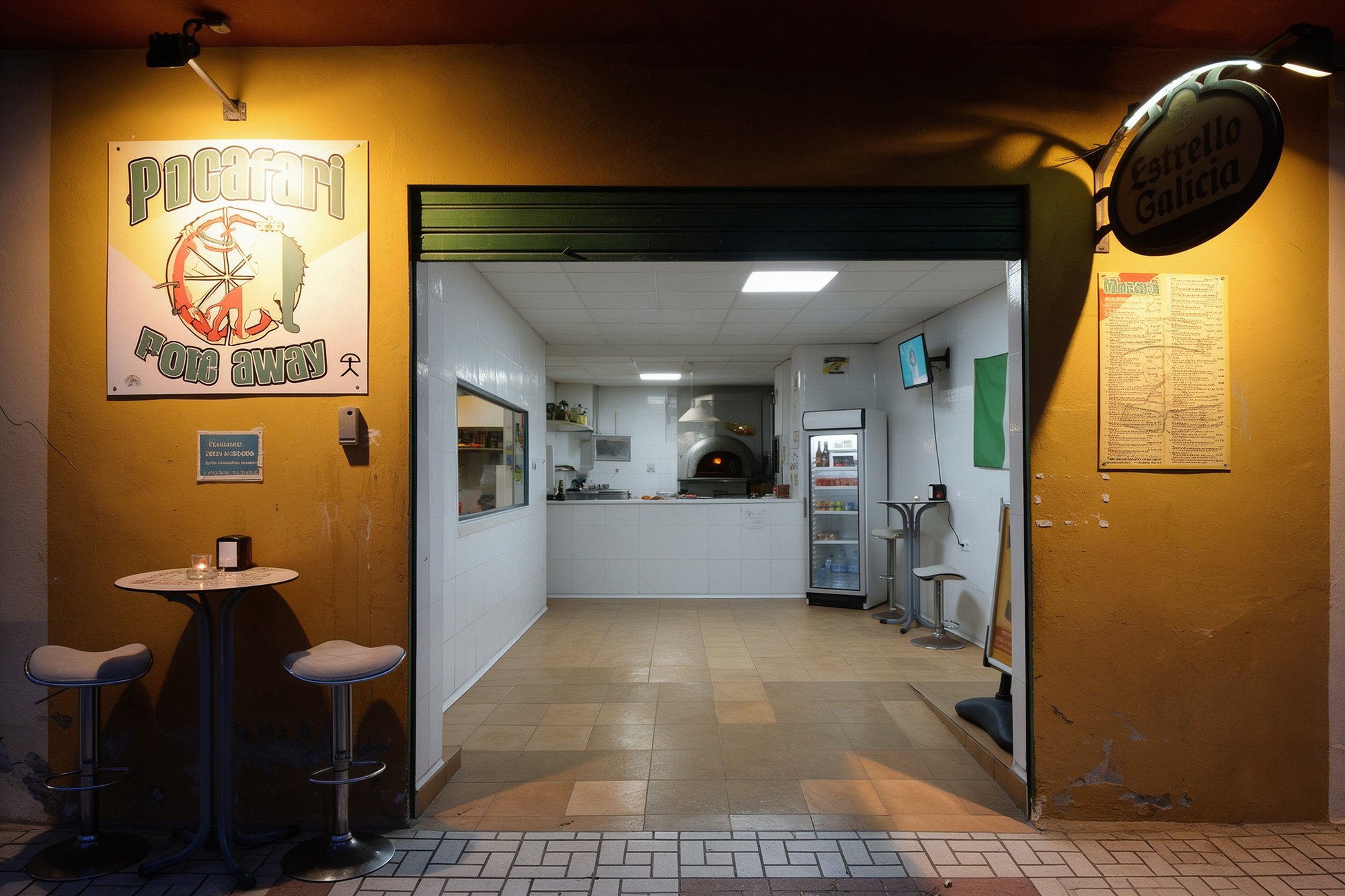 Entrada de la pizzería con mesas altas y fachada cálida