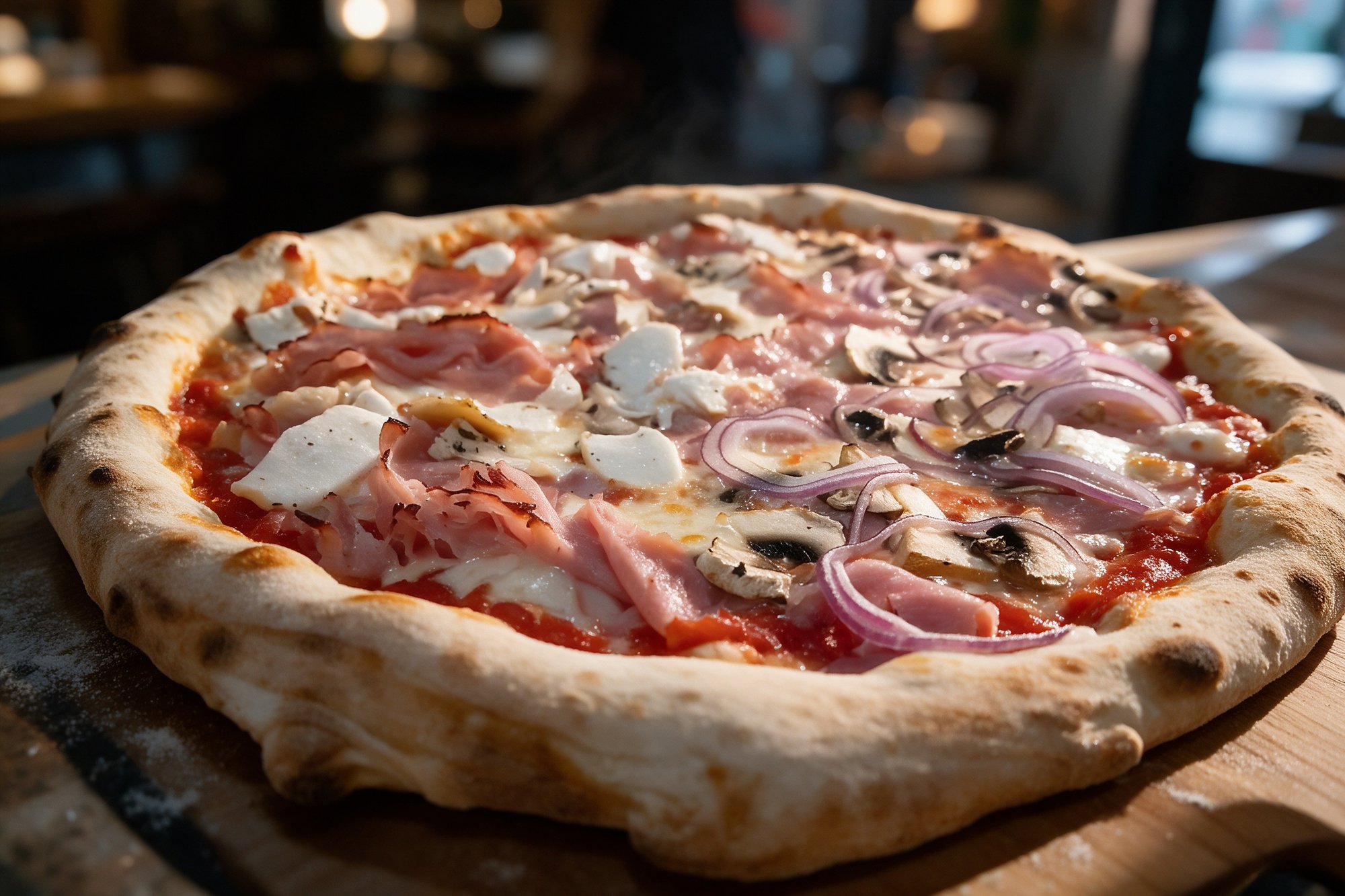 Pizza redonda con jamón, cebolla roja, champiñones y mozzarella