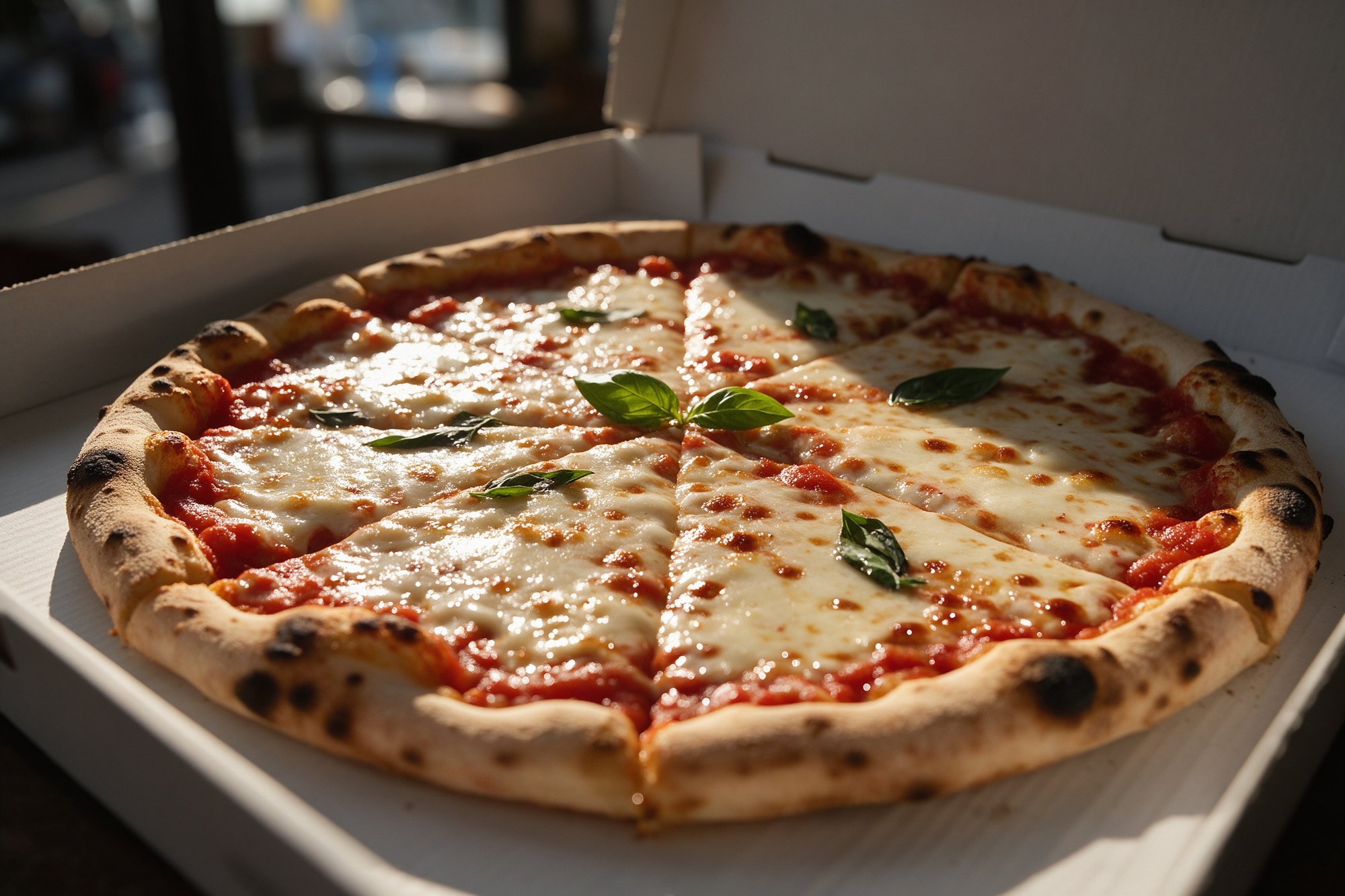 Pizza de mozzarella entera en caja blanca
