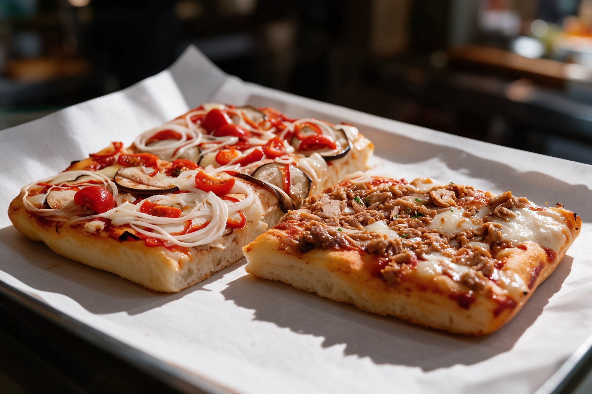 Dos porciones cuadradas de pizza al taglio